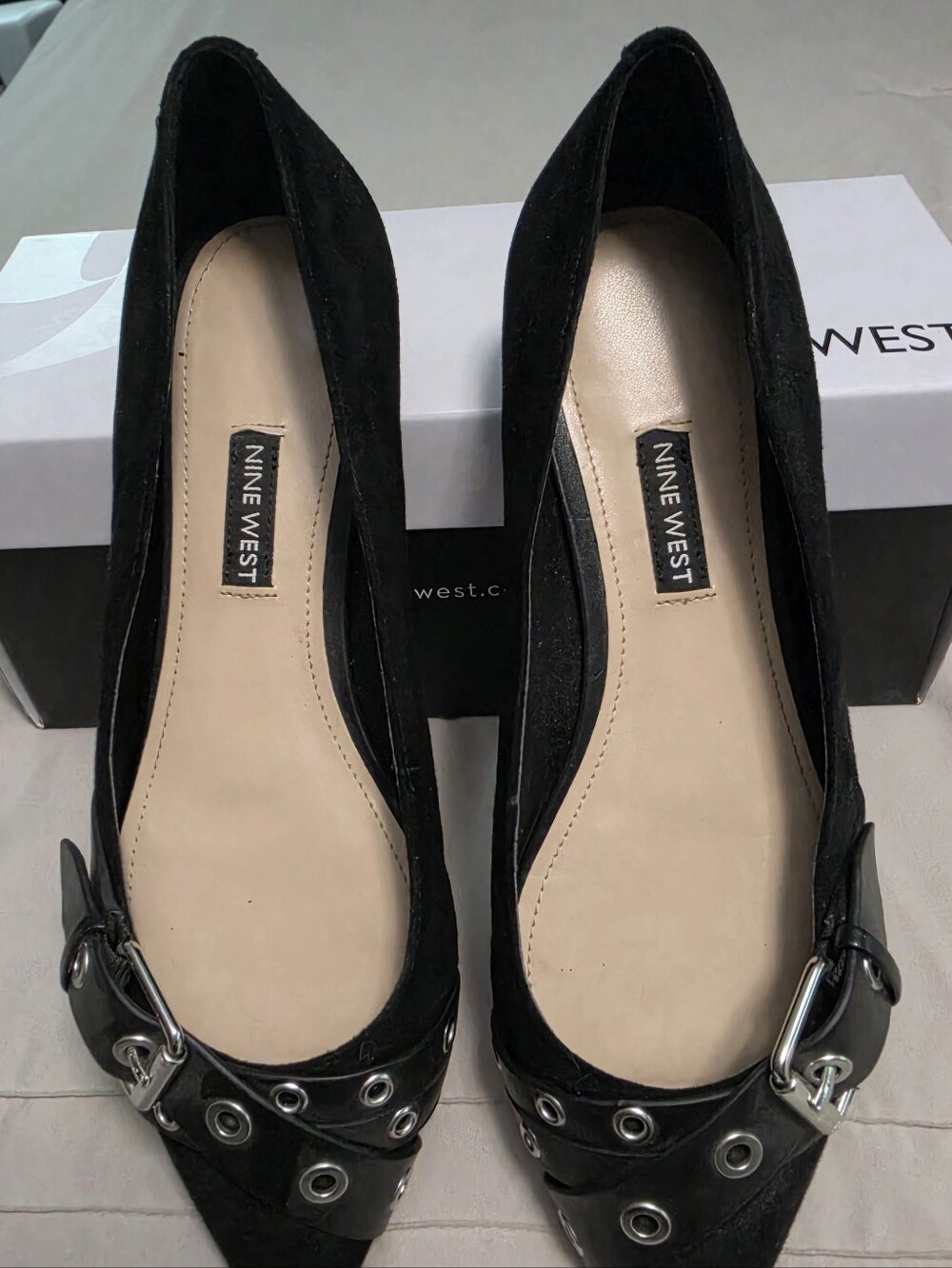 Nine West Black Pointed Flats with Buckle & Grommet Trim